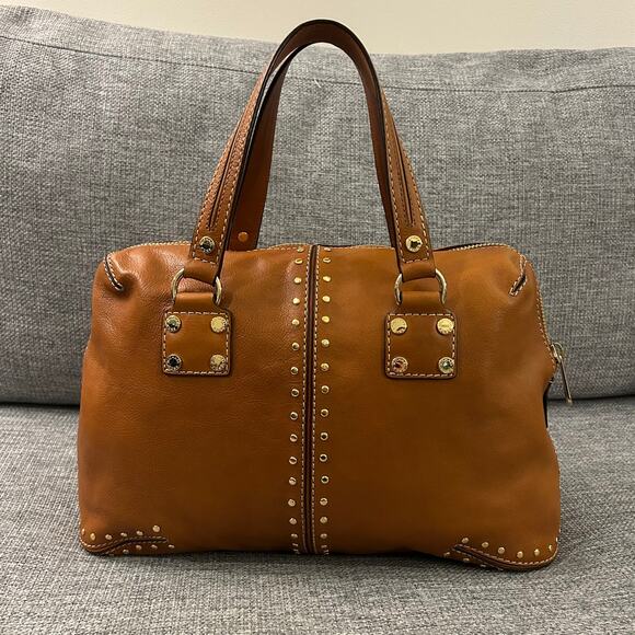 NEW Vintage Michael Kors Astor Studded Leather Satchel Bag Camel Gold Hardware - Picture 1 of 16